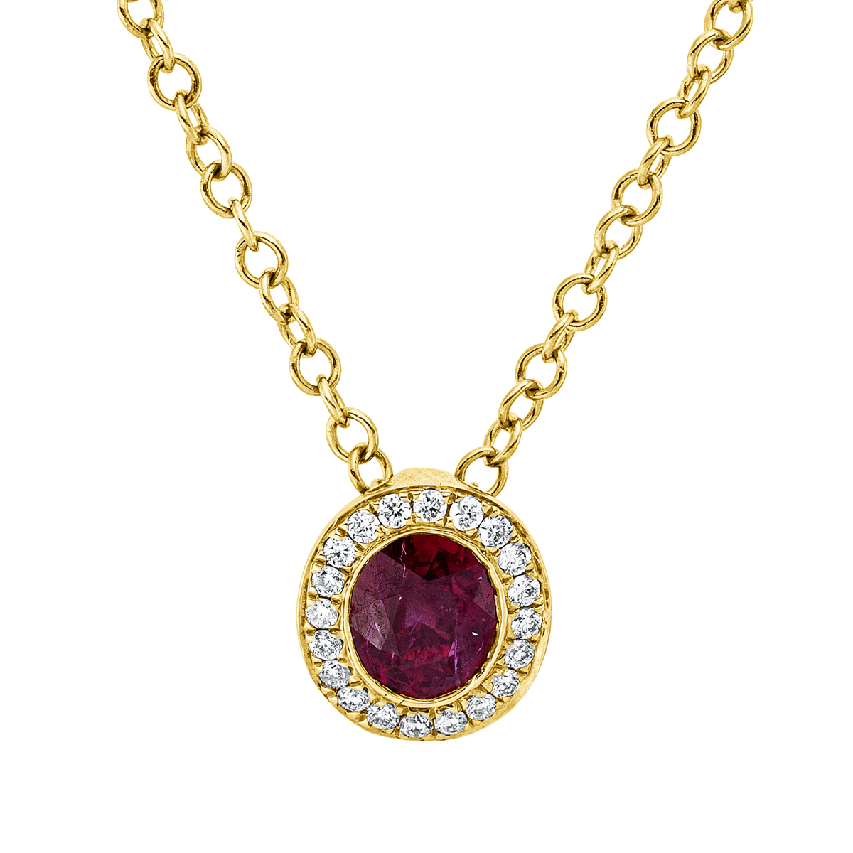 diamond full cut ruby colored stone classic necklace in yellow gold