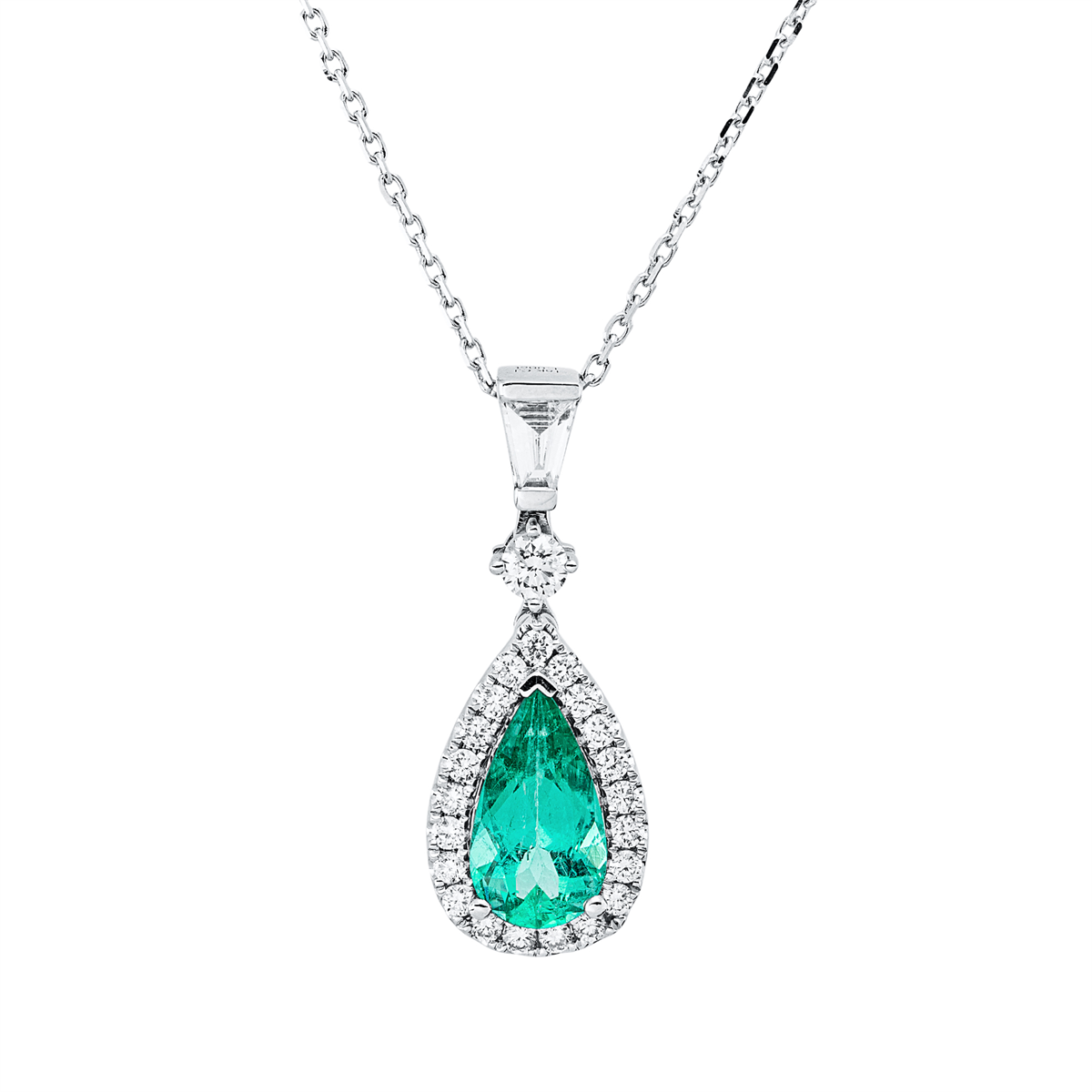 diamond full cut emerald colored stone classic necklace in white gold