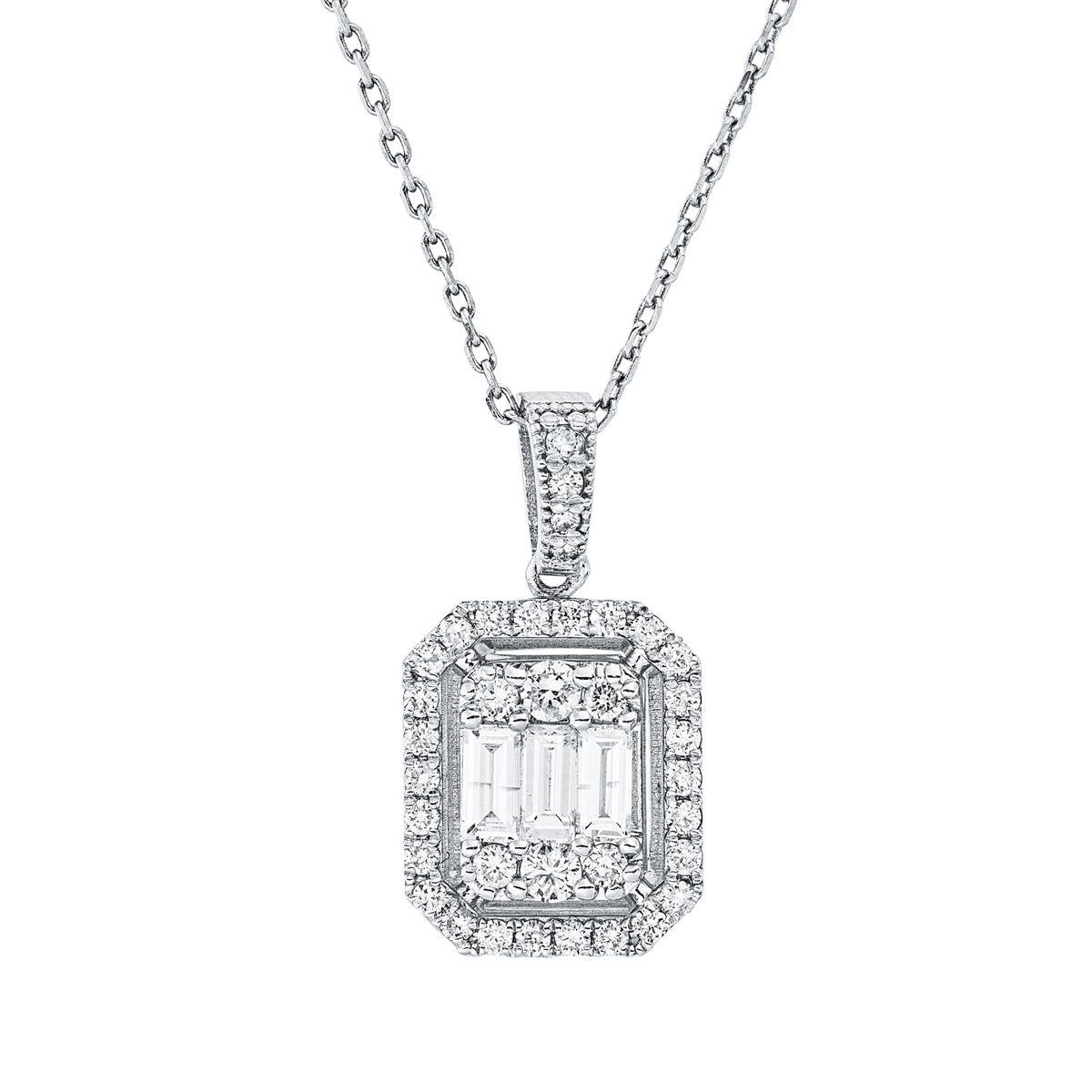 diamond full cut  baguette illusion necklace in white gold