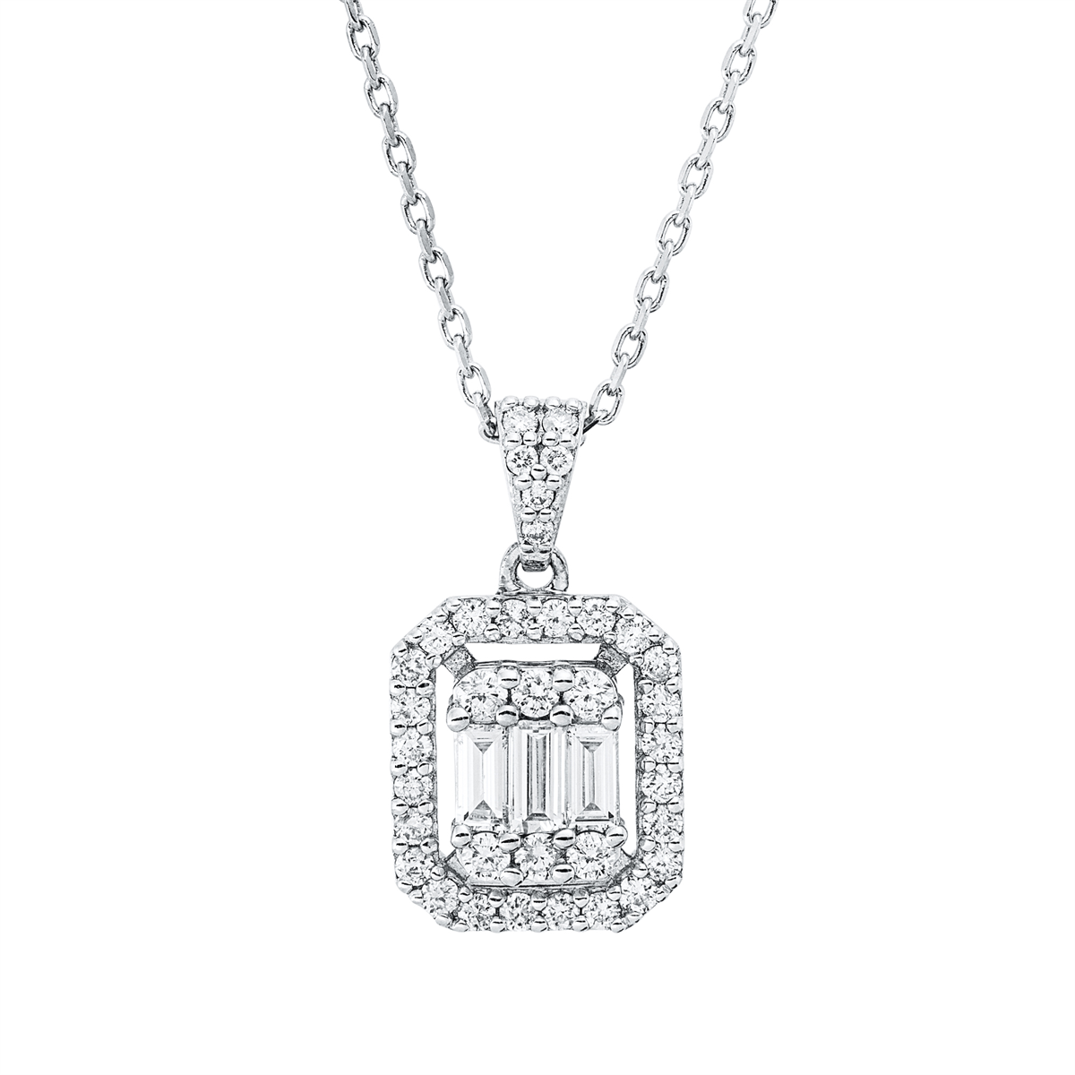 diamond full cut  baguette illusion necklace in white gold