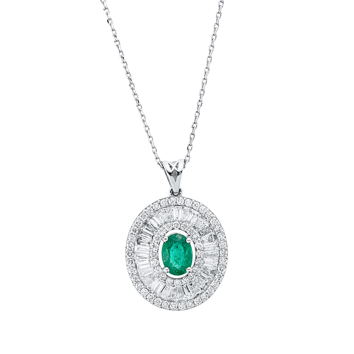diamond full cut emerald colored stone classic necklace in white gold