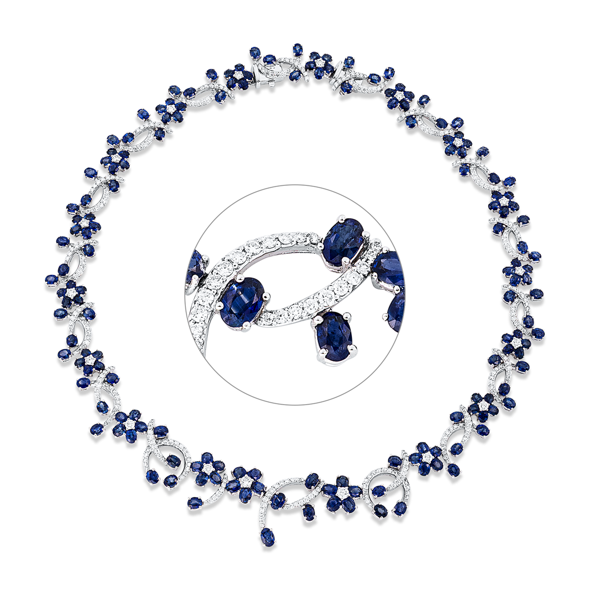 diamond full cut sapphire colored stone classic necklace in white gold