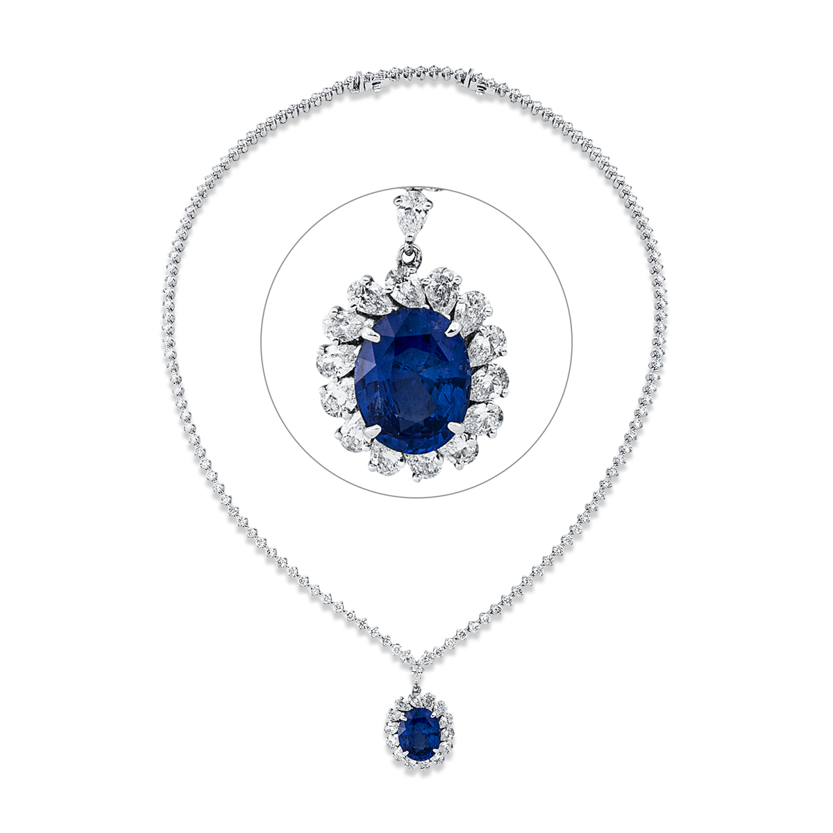 diamond full cut sapphire colored stone classic necklace in white gold