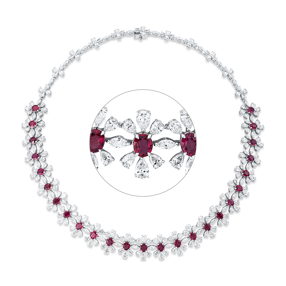 pear shape ruby colored stone classic necklace in white gold