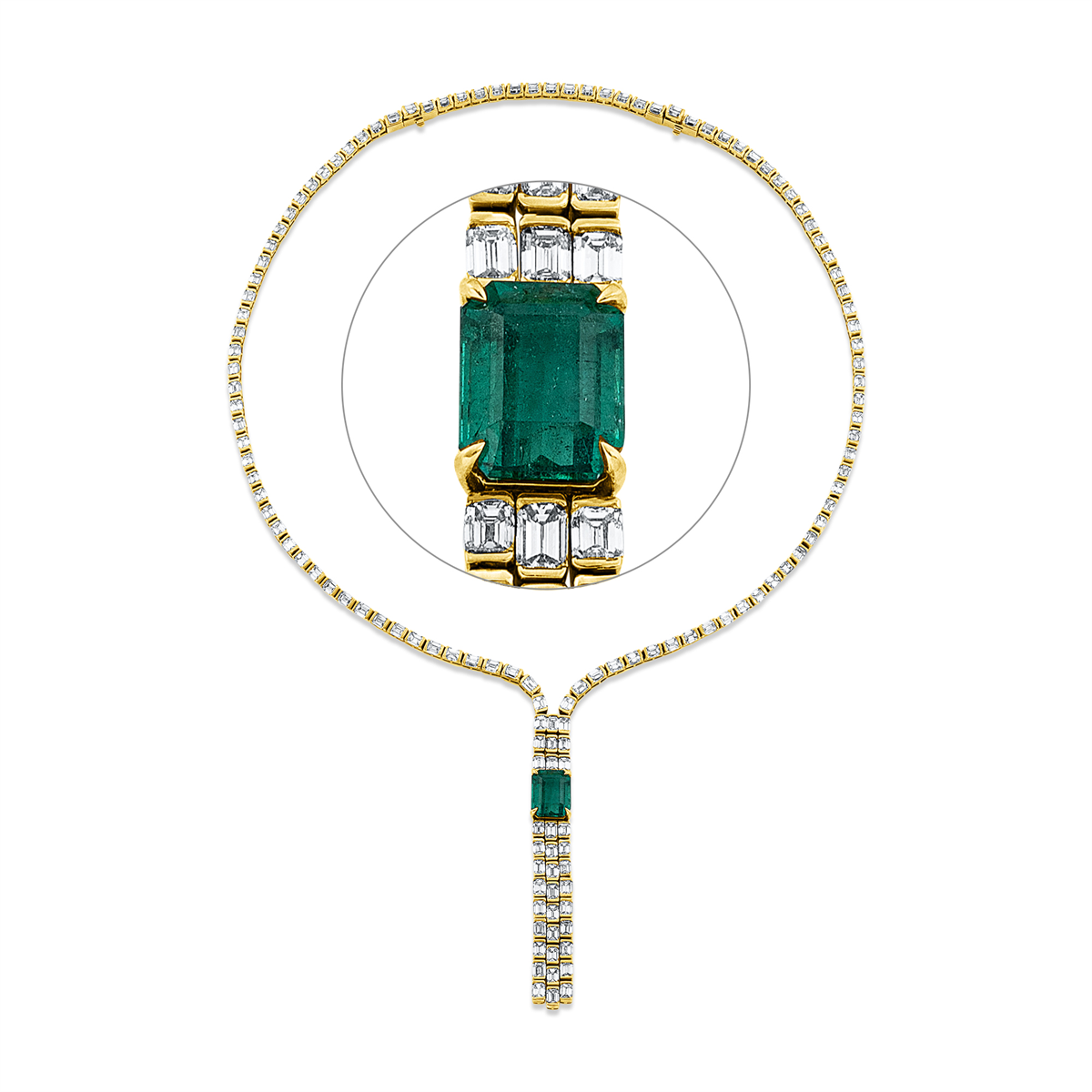 baguette emerald colored stone classic necklace in yellow gold