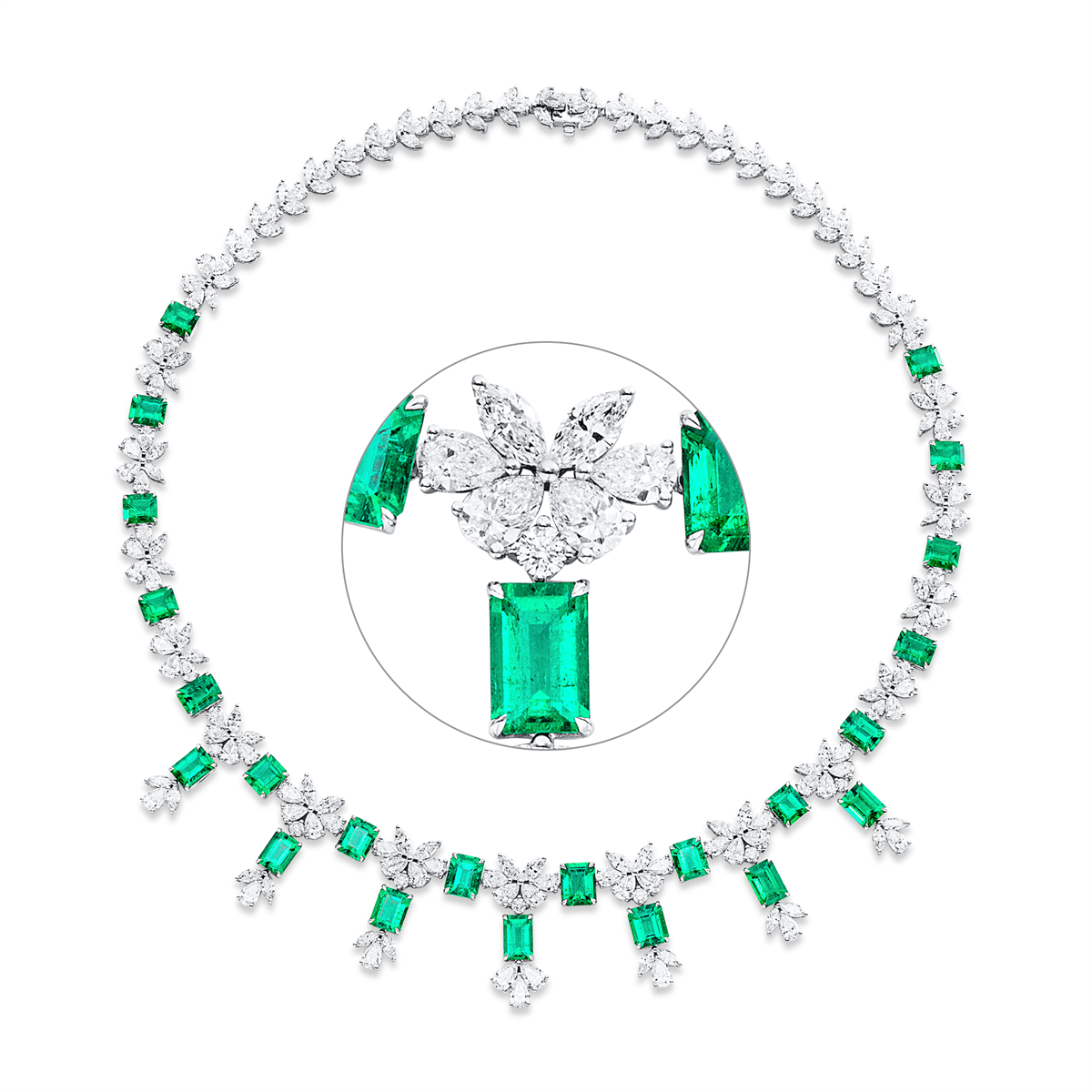 pear shape emerald colored stone classic necklace in white gold