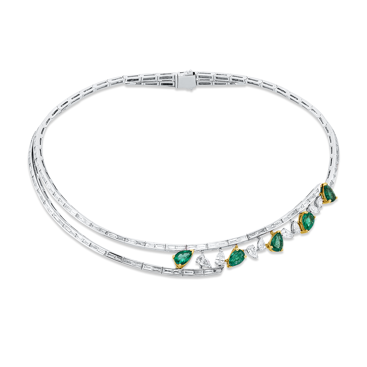 baguette emerald colored stone classic necklace in white gold / yellow gold