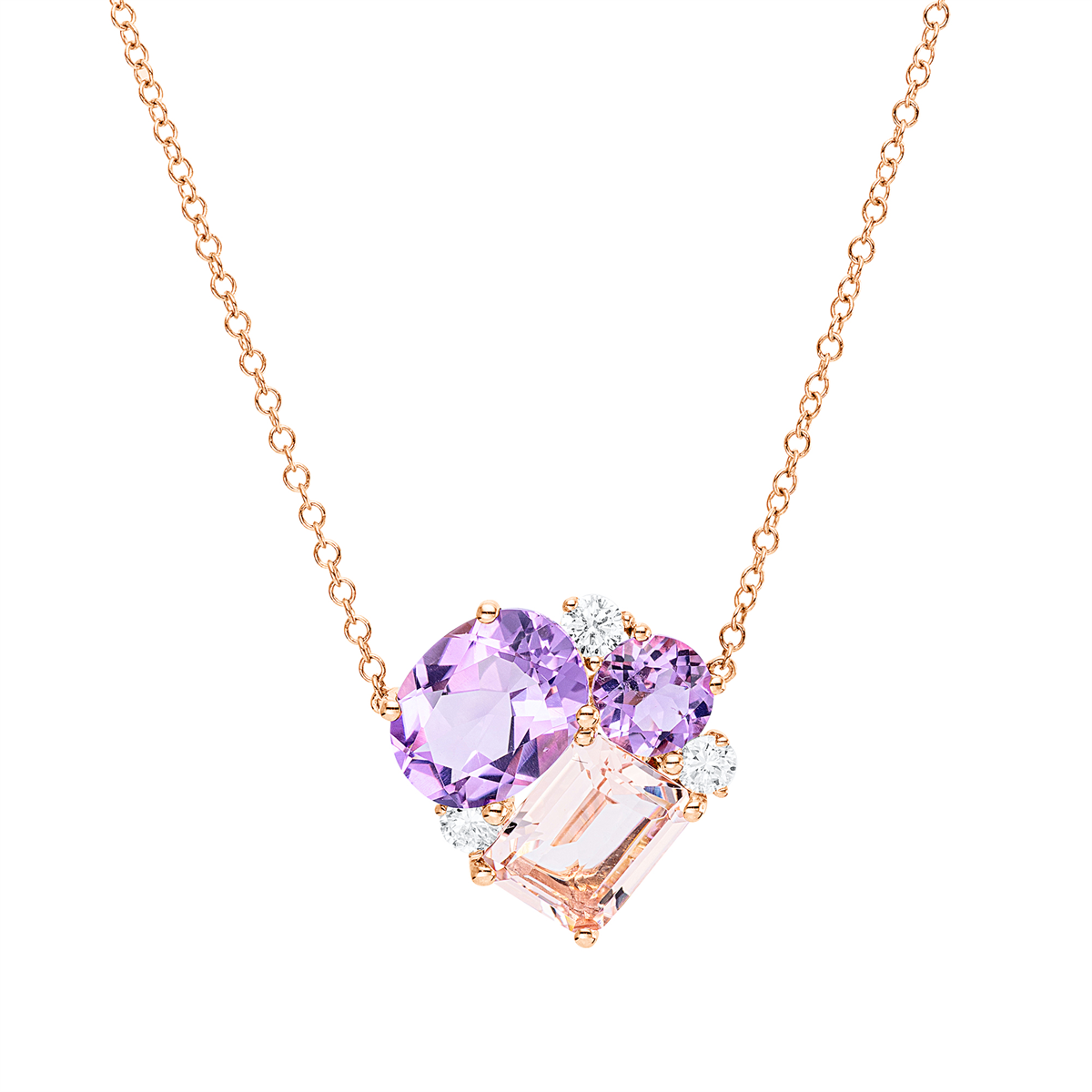 diamond full cut morganite colored stone fashion necklace in red gold