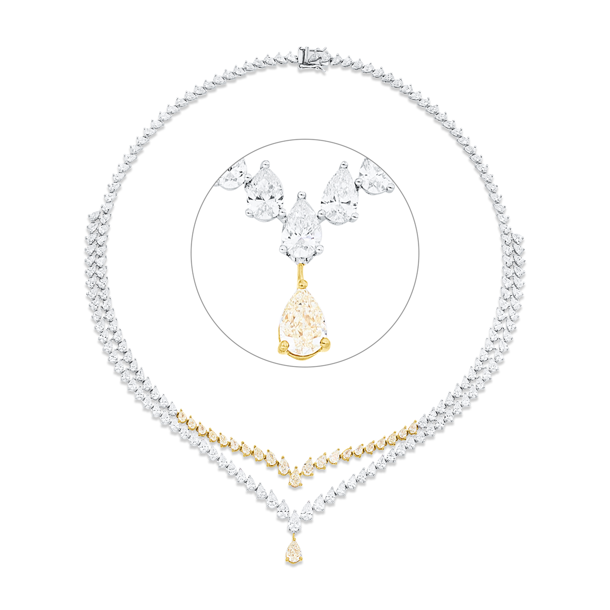 pear shape  fancy colored diamond necklace in white gold / yellow gold