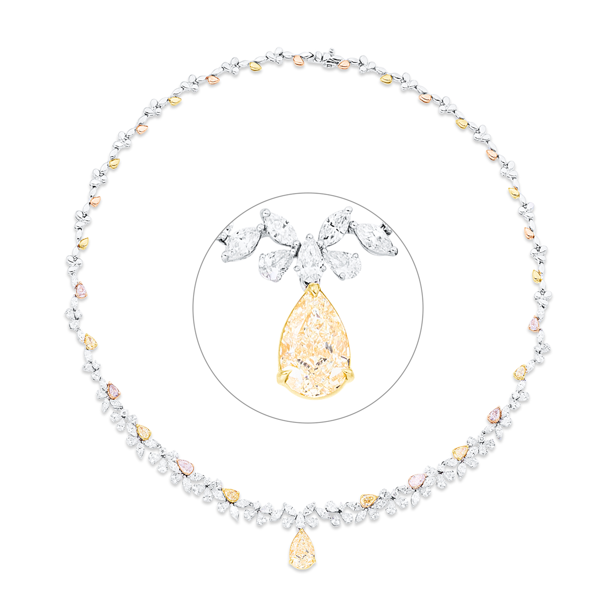 pear shape  fancy colored diamond necklace in whitegold /yellowgold /redgold