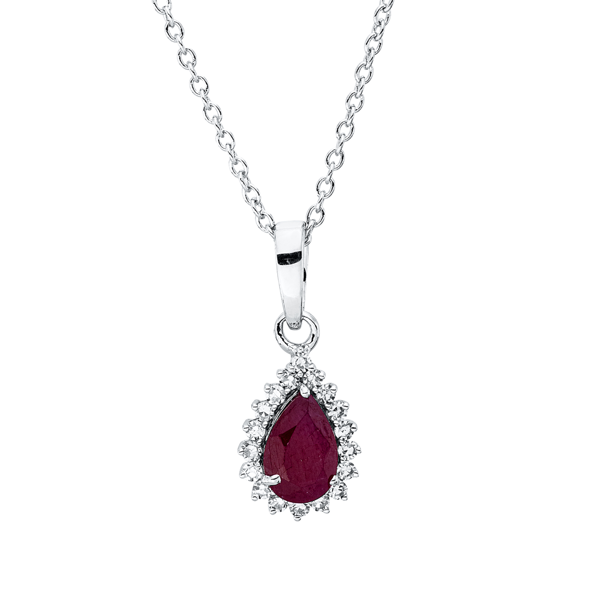 diamond single cut ruby colored stone classic necklace in white gold