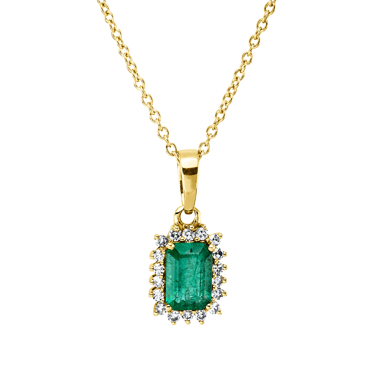 diamond single cut emerald colored stone classic necklace in yellow gold