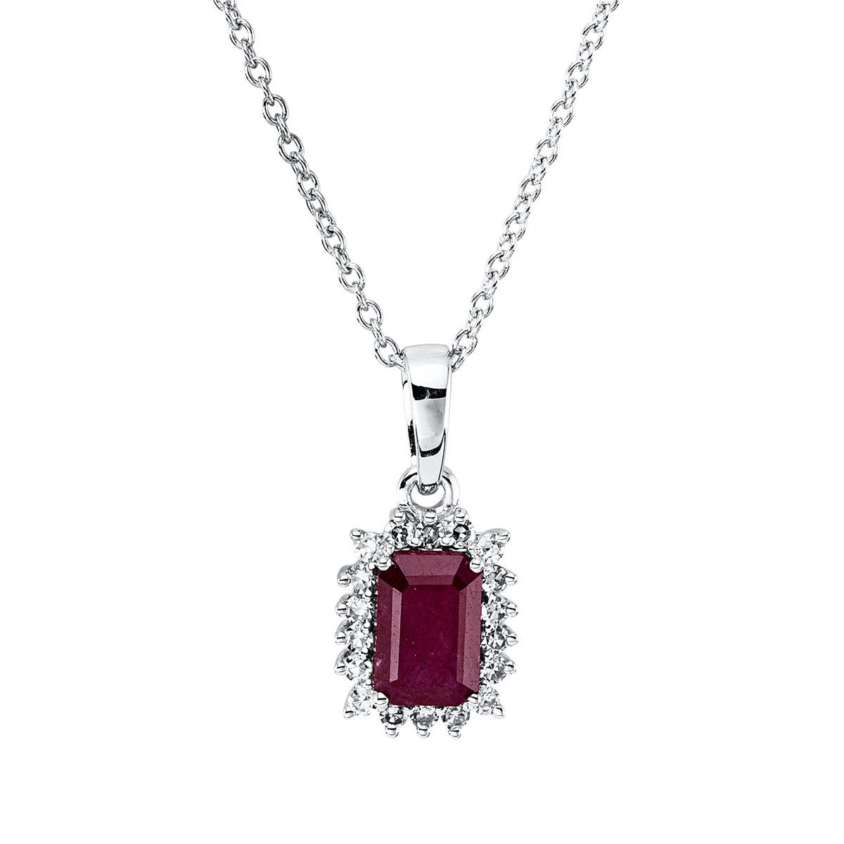 diamond single cut ruby colored stone classic necklace in white gold