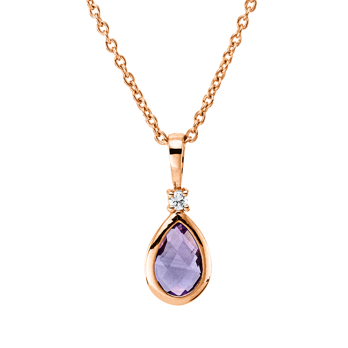 diamond full cut amethyst colored stone fashion necklace in red gold