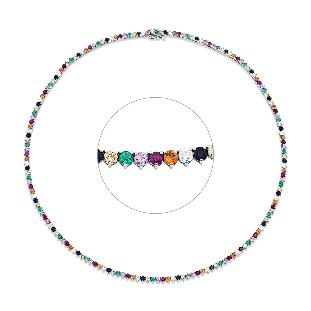 diamond full cut emerald colored stone classic necklace in white gold