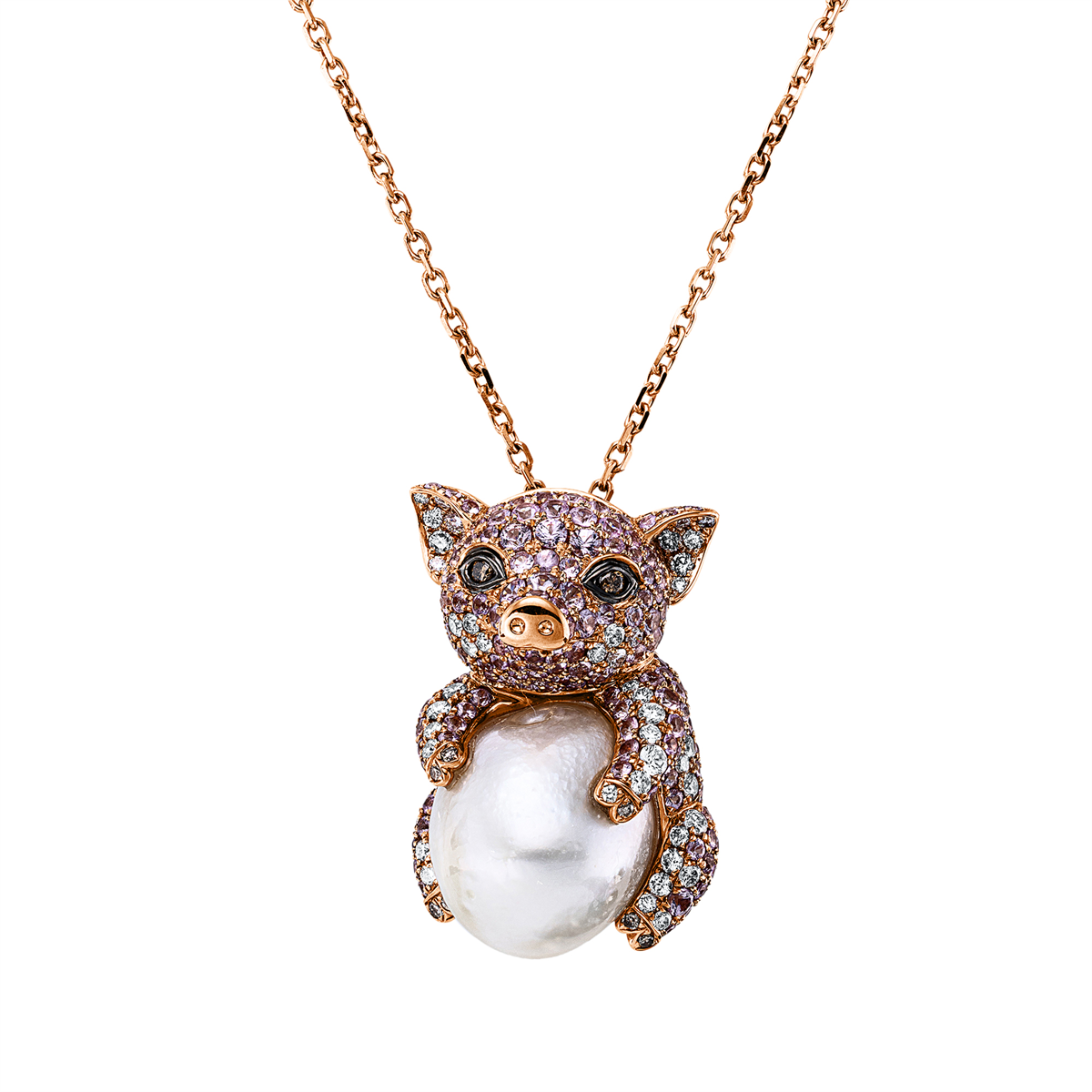 diamond full cut sapphire animal necklace in red gold