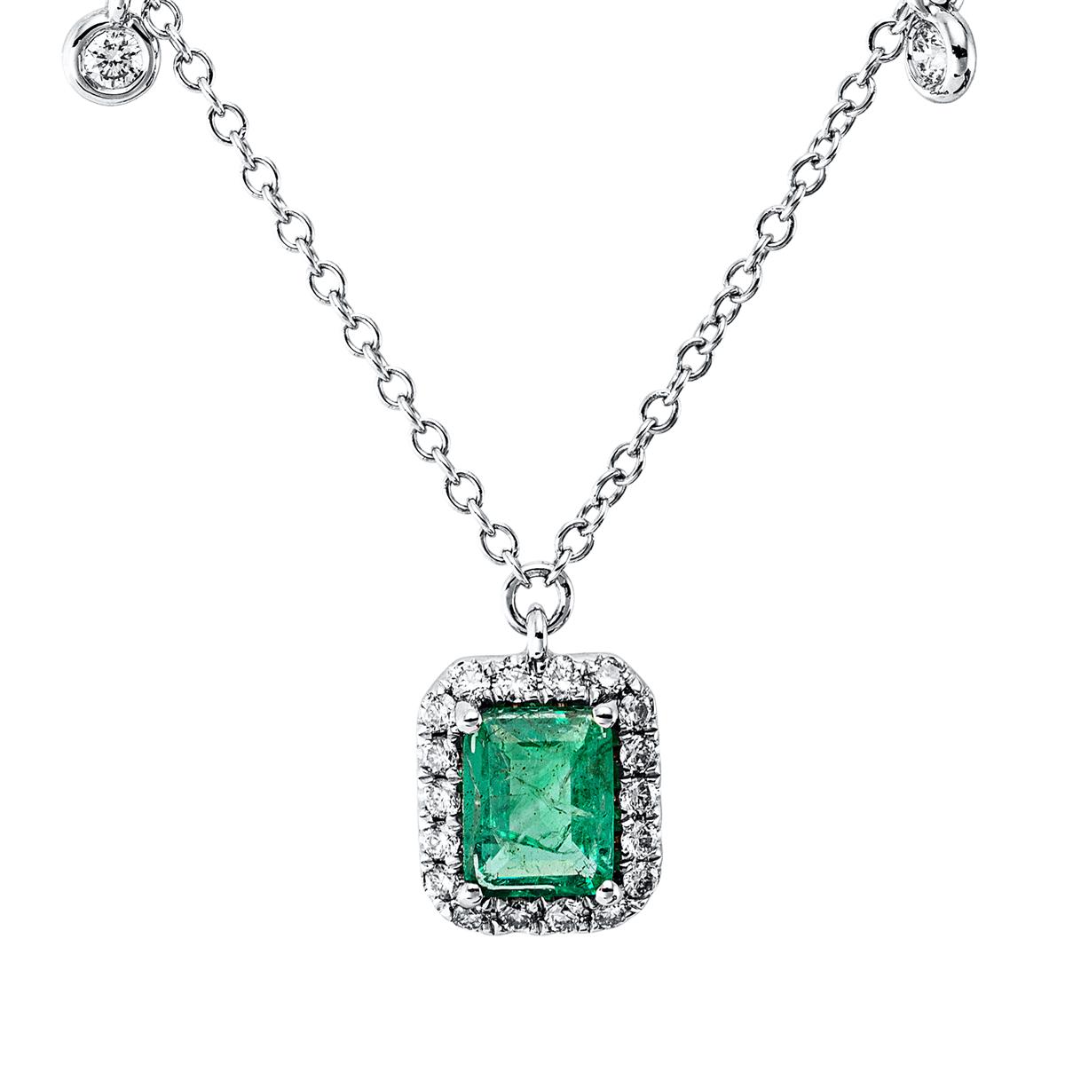 diamond full cut emerald colored stone classic necklace in white gold