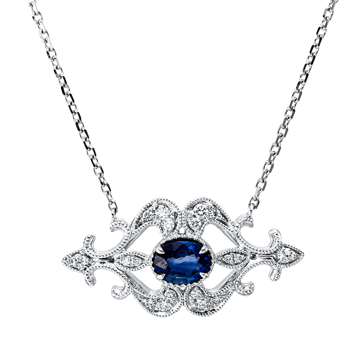 diamond full cut sapphire colored stone classic necklace in white gold