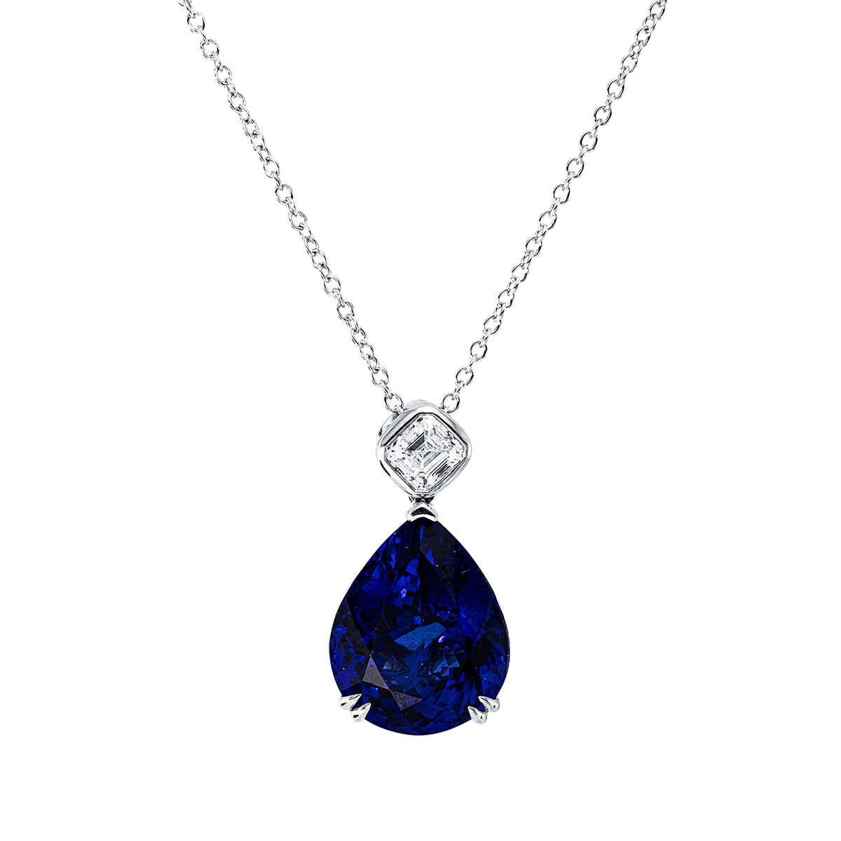 assher cut tanzanite colored stone classic necklace in white gold