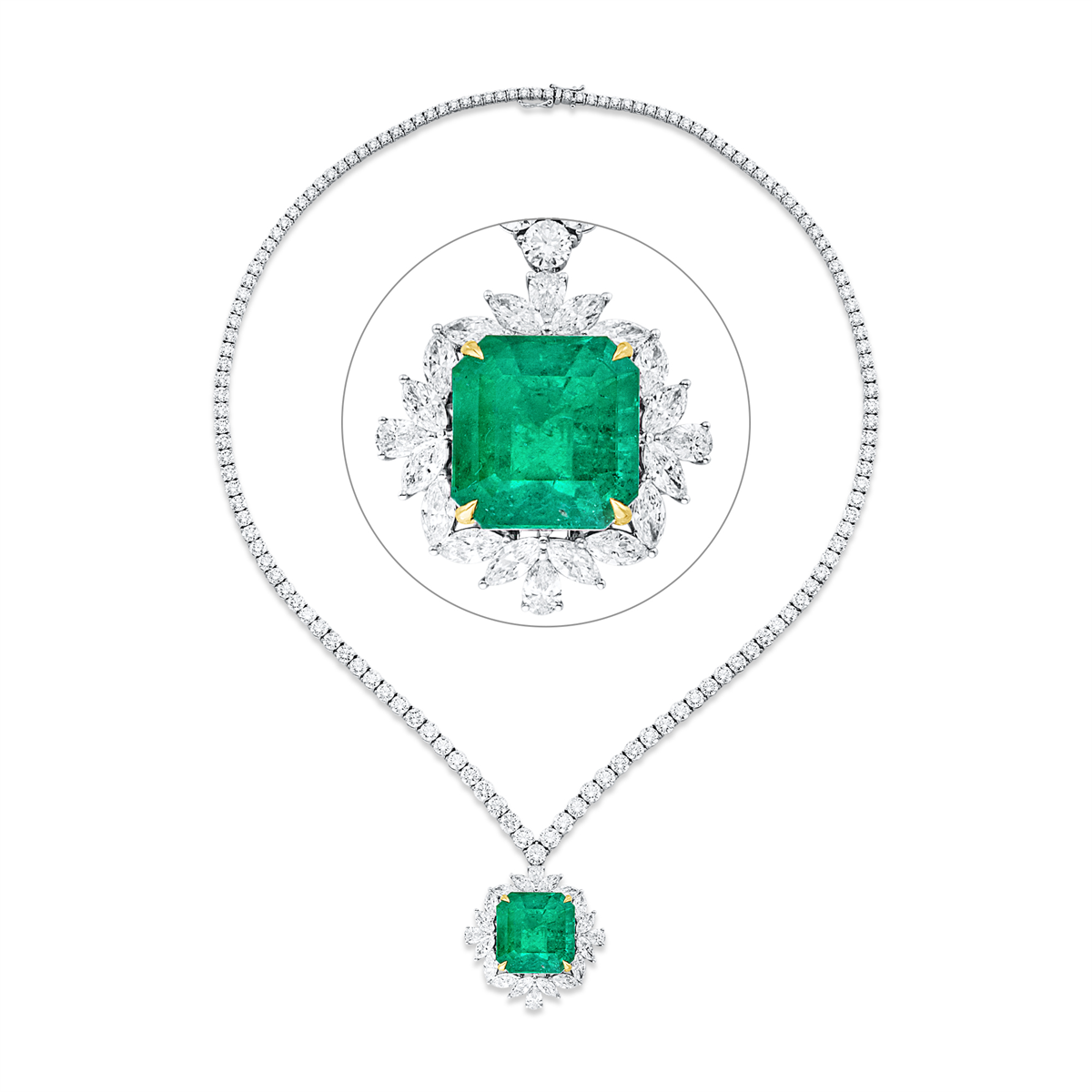 diamond full cut emerald colored stone classic necklace in white gold / yellow gold