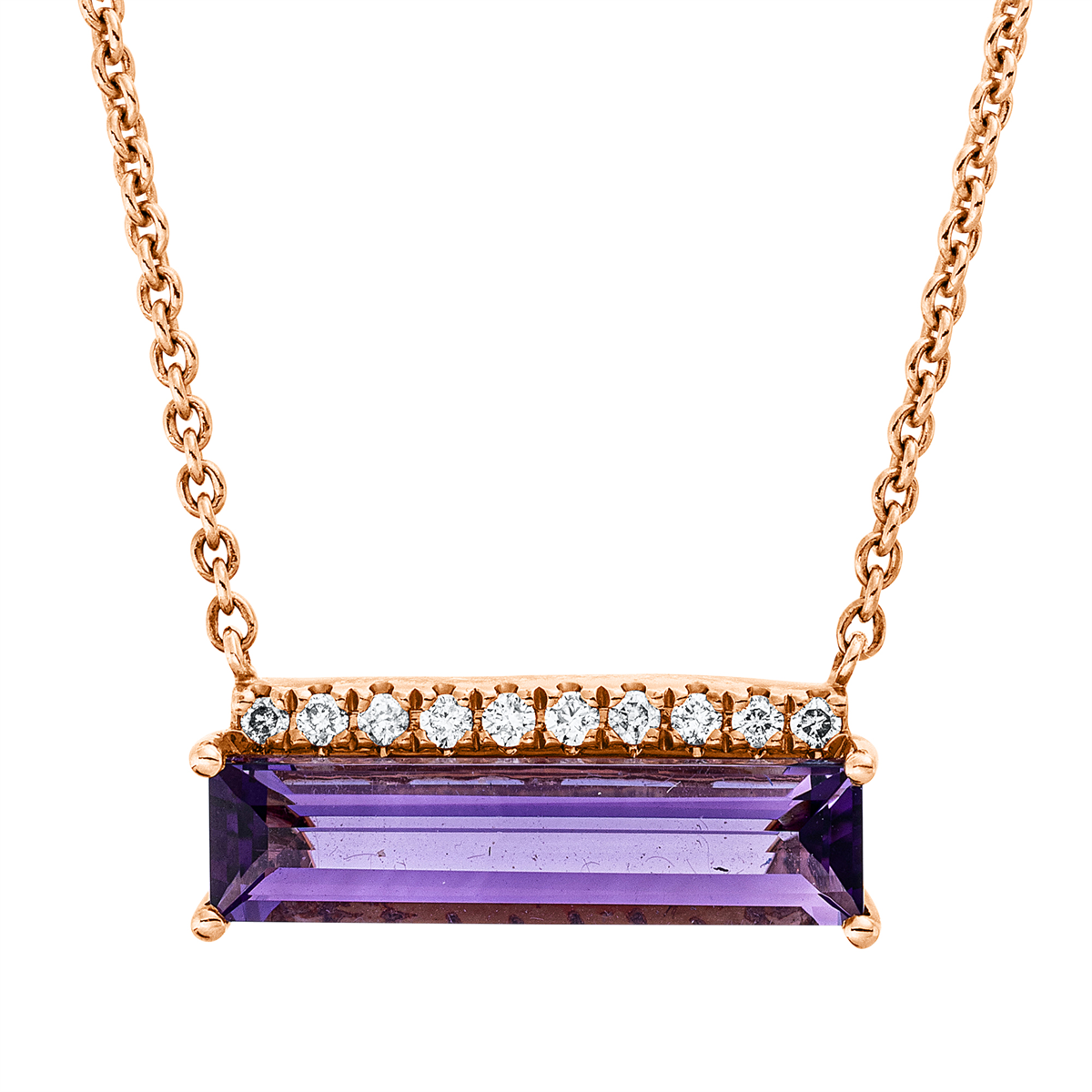 diamond full cut amethyst colored stone fashion necklace in red gold
