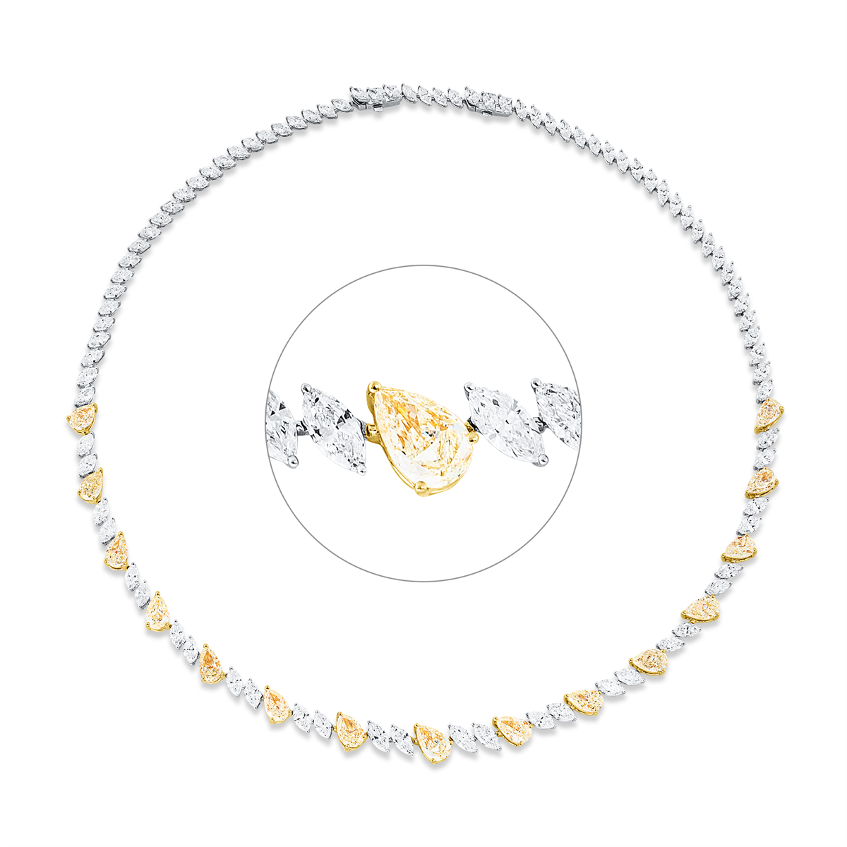 marquise  fancy colored diamond necklace in white gold / yellow gold
