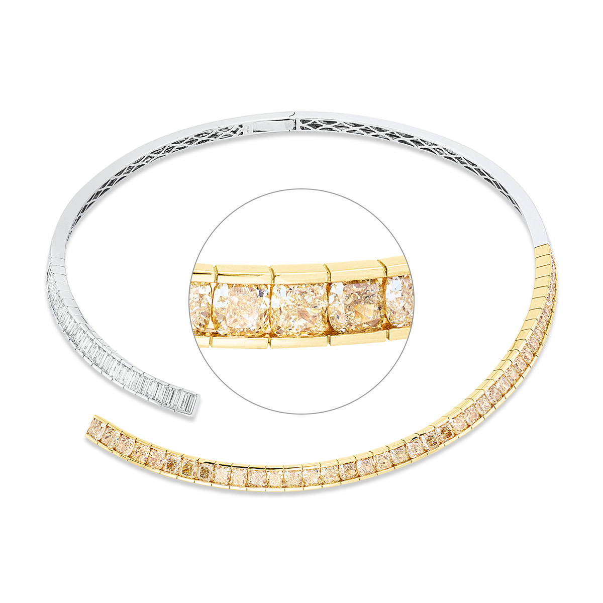 baguette  fancy colored diamond necklace in white gold / yellow gold