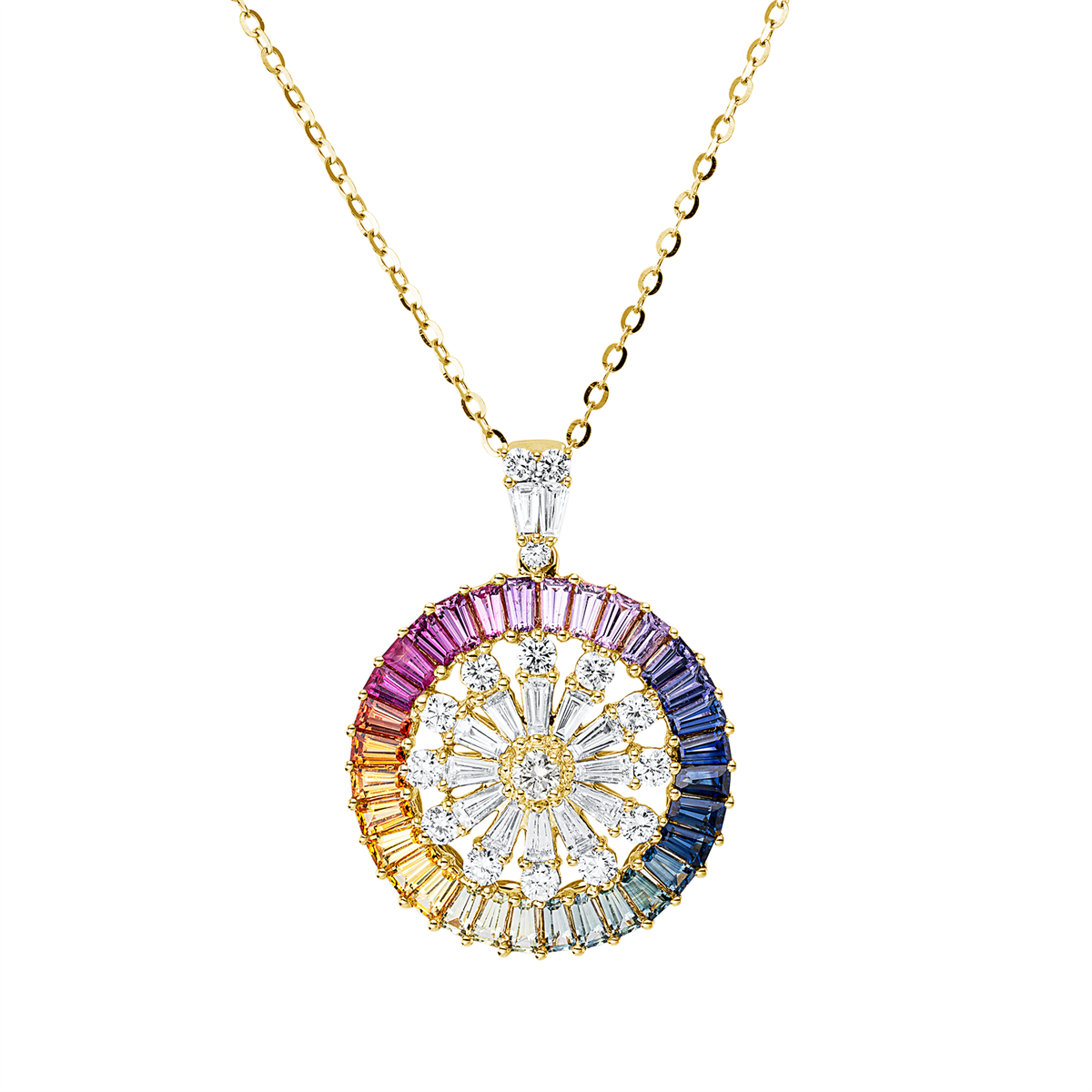 diamond full cut sapphire colored stone classic necklace in yellow gold