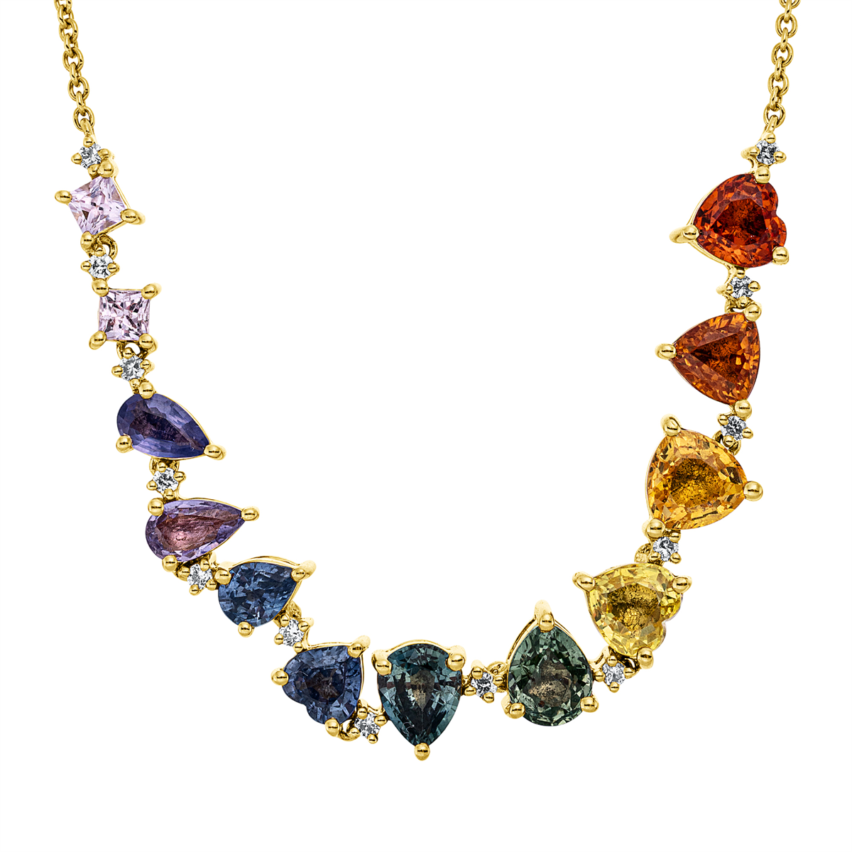 diamond full cut sapphire rainbow & multicolor necklace in yellow gold