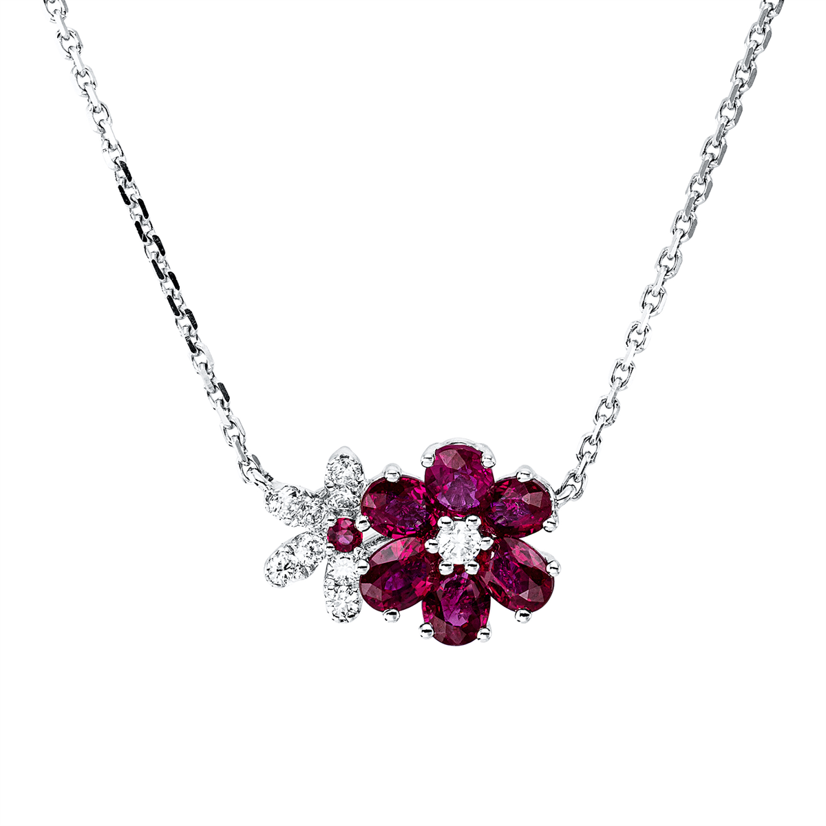 diamond full cut ruby colored stone classic necklace in white gold