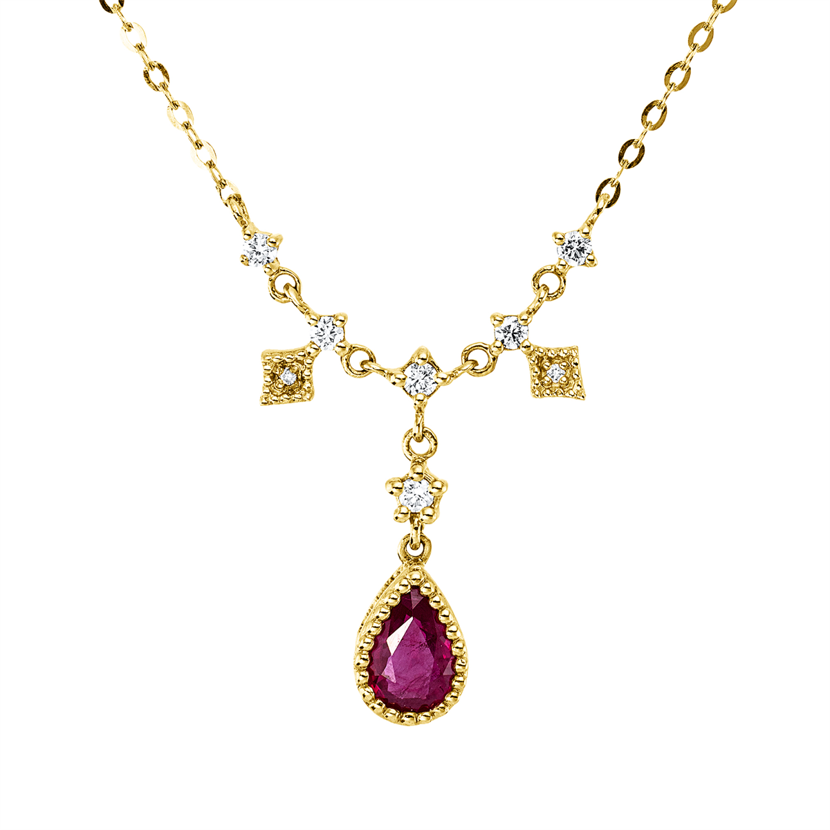 diamond full cut ruby colored stone classic necklace in yellow gold