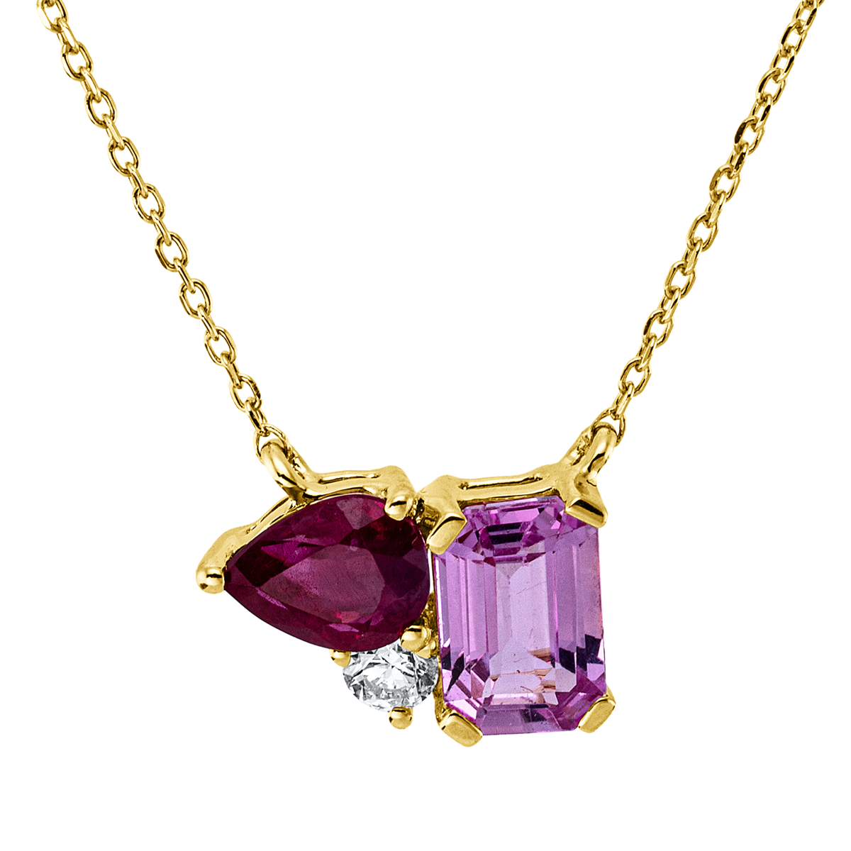 diamond full cut ruby colored stone classic necklace in yellow gold