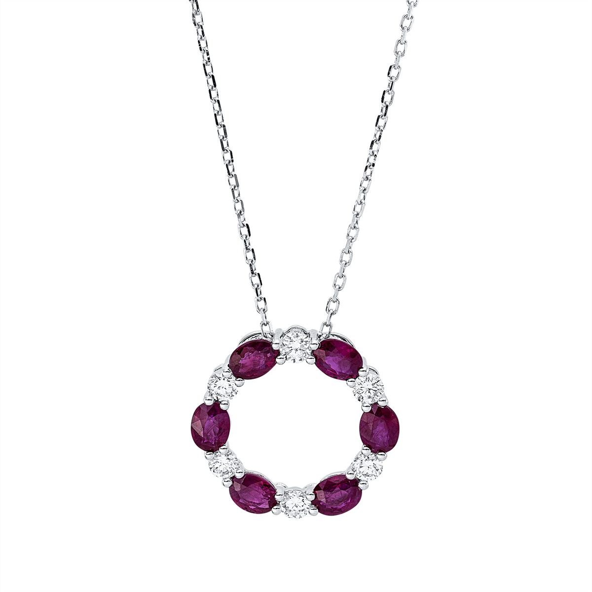 diamond full cut ruby colored stone classic necklace in white gold