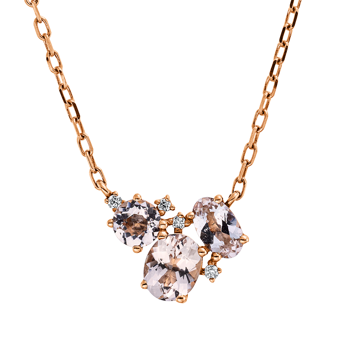 diamond full cut morganite colored stone fashion necklace in red gold