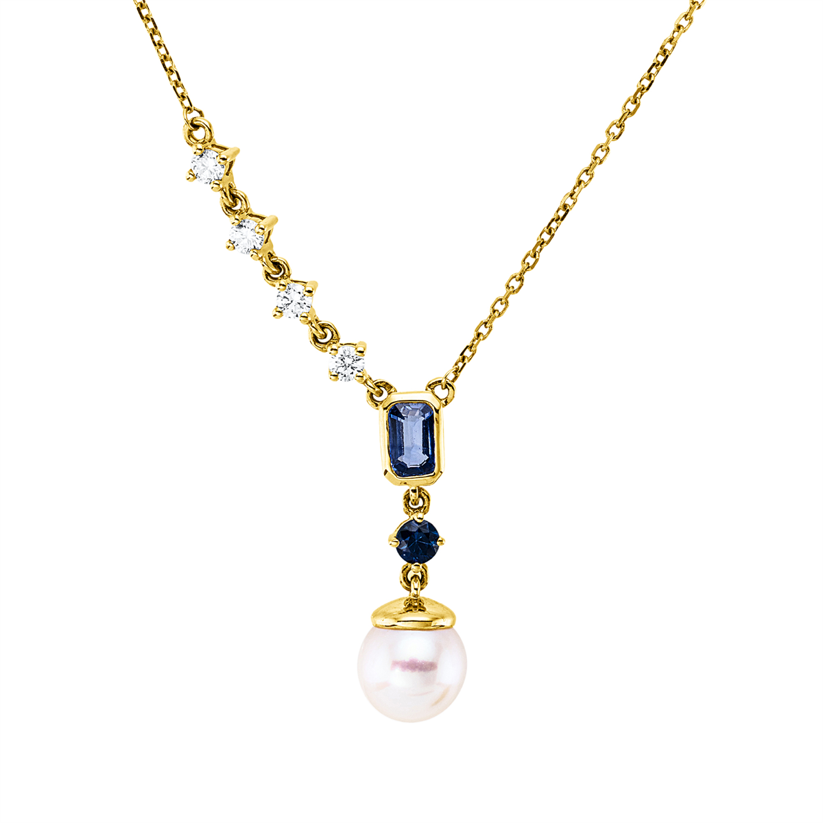 diamond full cut sapphire pearl necklace in yellow gold