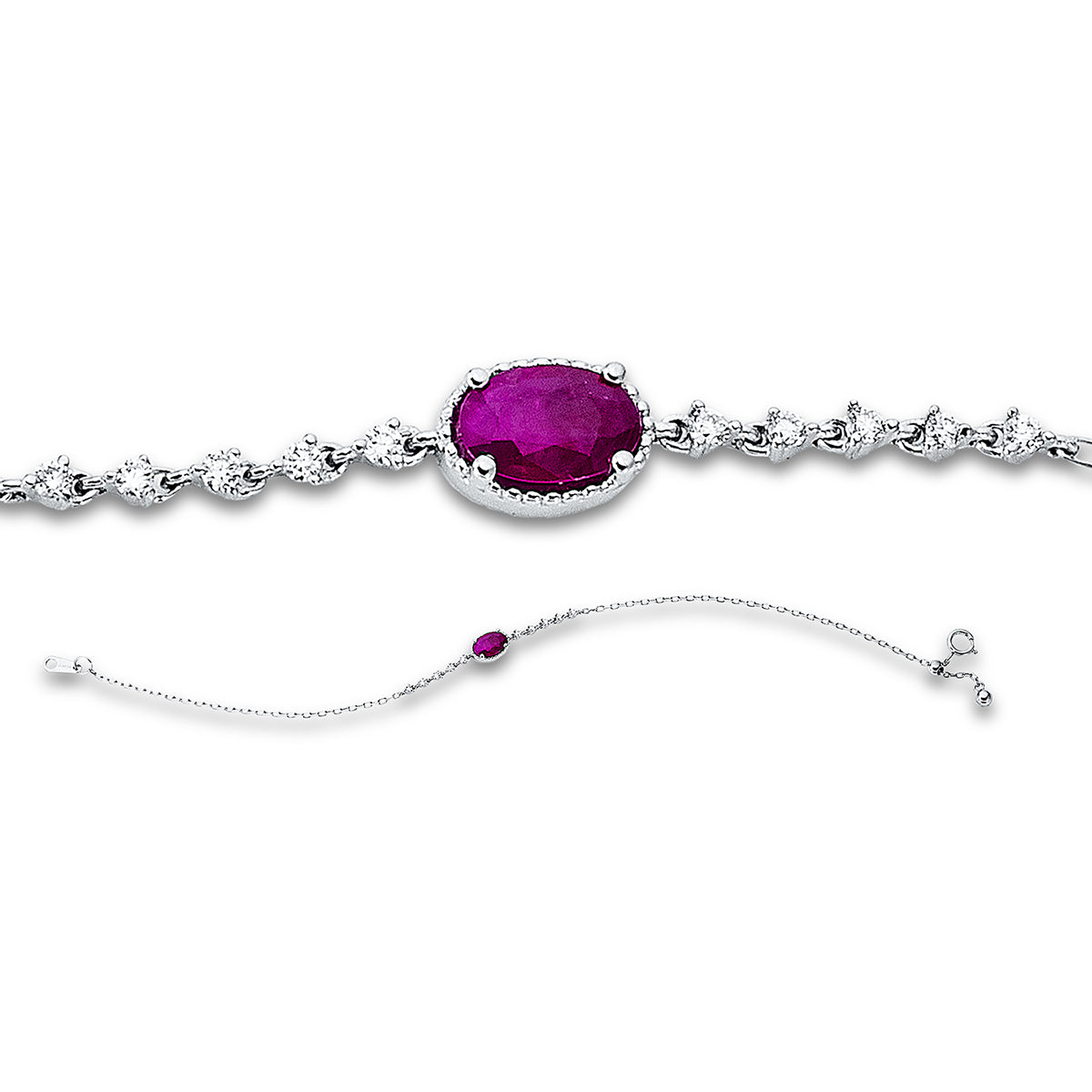 diamond full cut ruby colored stone classic bracelet in white gold