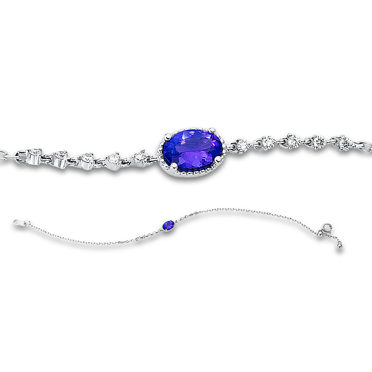 diamond full cut tanzanite colored stone fashion bracelet in white gold