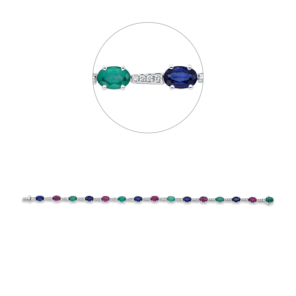 diamond full cut sapphire colored stone classic bracelet in white gold
