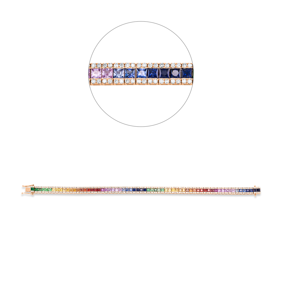 diamond full cut sapphire rainbow & multicolor bracelet in red gold