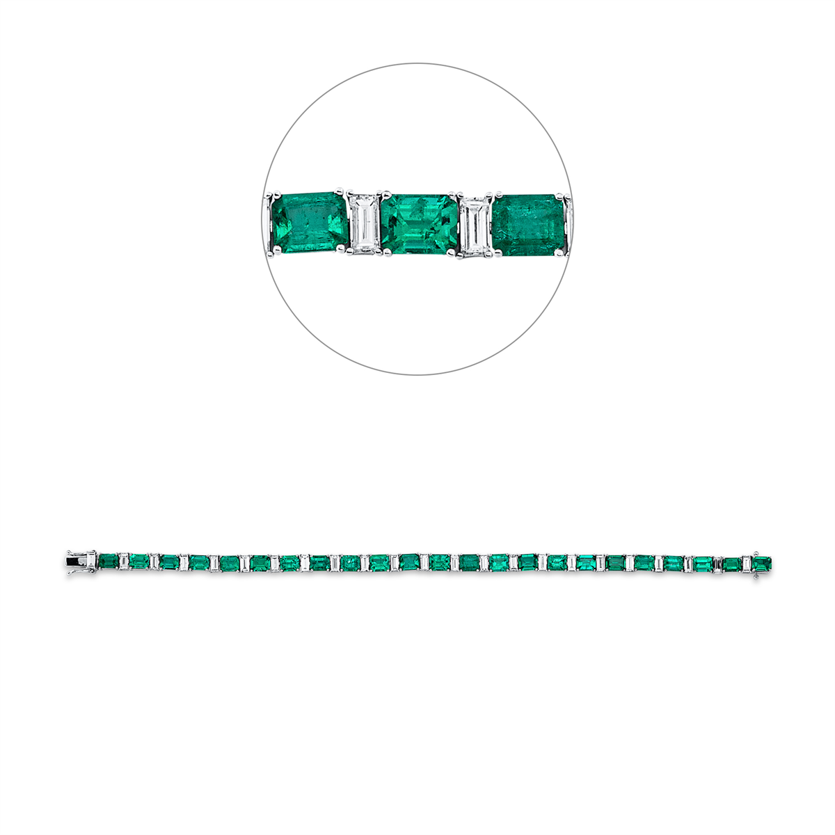 baguette emerald colored stone classic bracelet in white gold