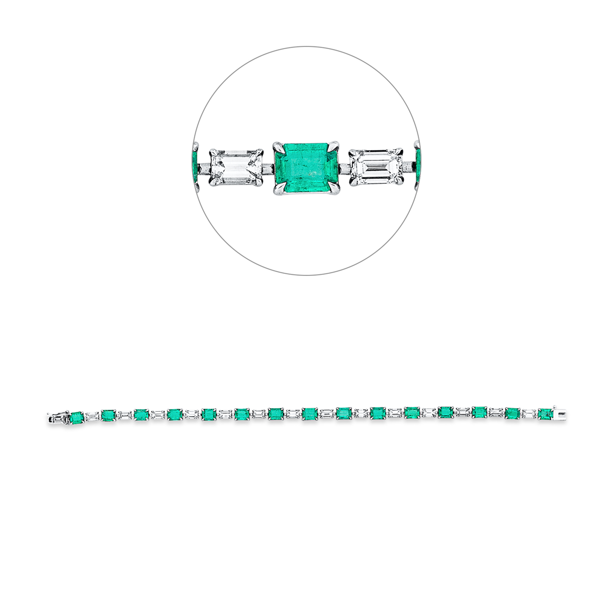 baguette emerald colored stone classic bracelet in white gold