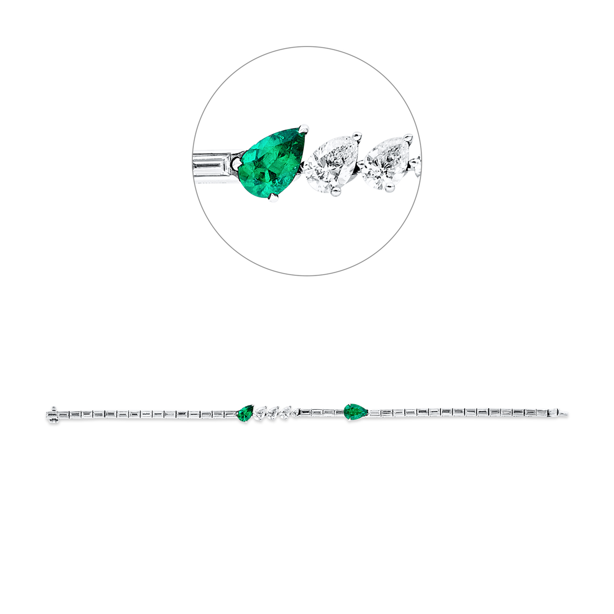 baguette emerald colored stone classic bracelet in white gold
