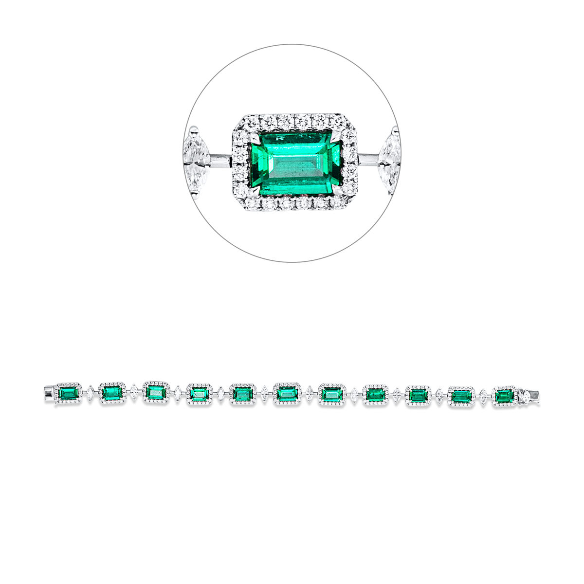 diamond full cut emerald colored stone classic bracelet in white gold