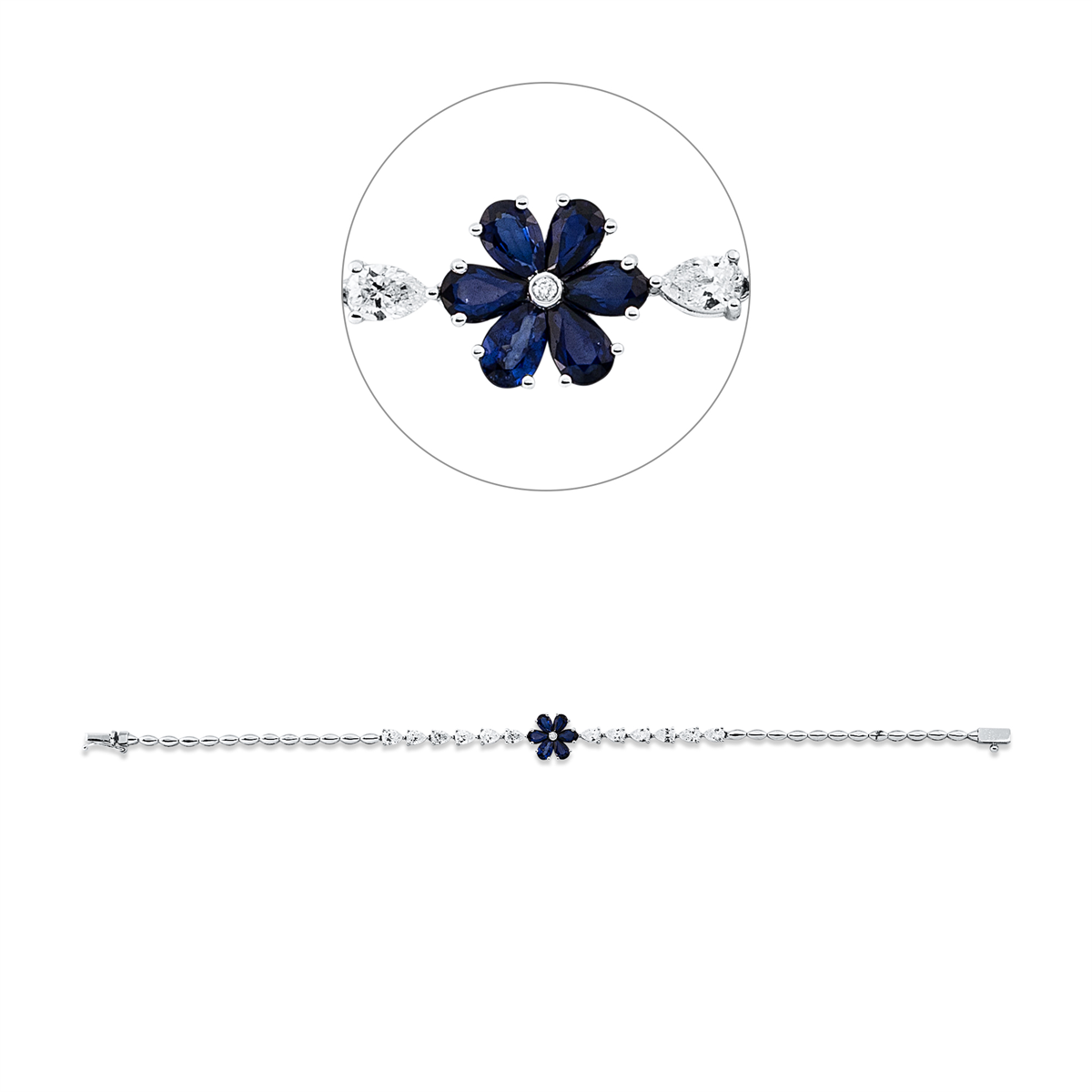 diamond full cut sapphire colored stone classic bracelet in white gold