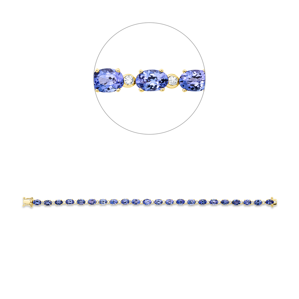 diamond full cut tanzanite colored stone classic bracelet in yellow gold
