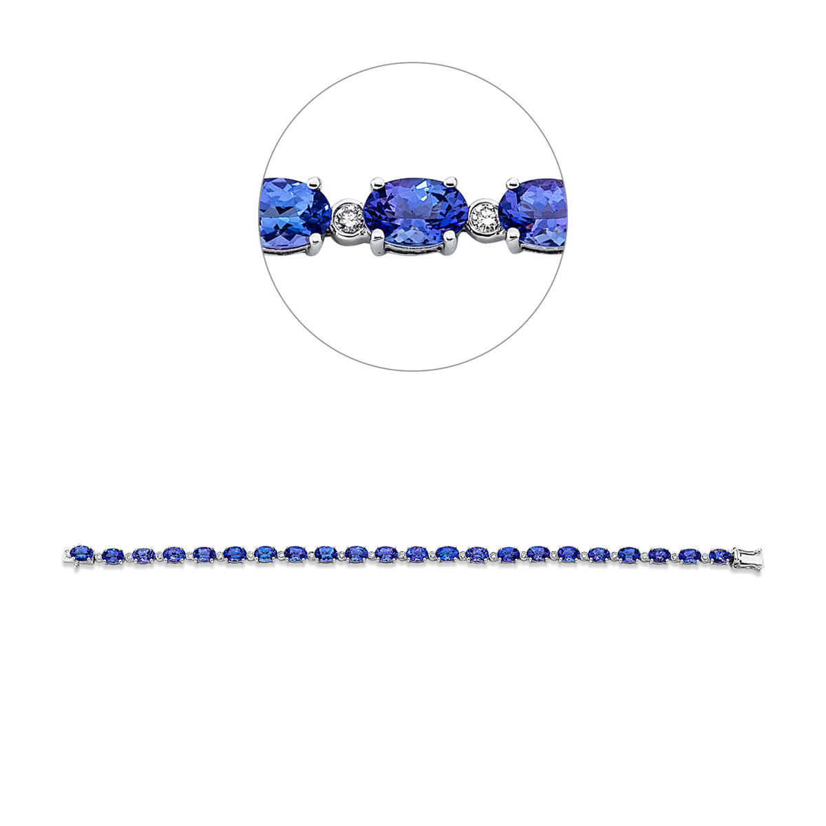diamond full cut tanzanite colored stone classic bracelet in white gold