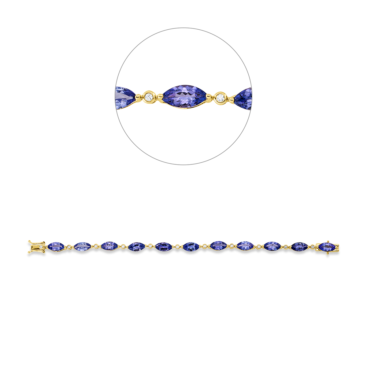 diamond full cut tanzanite colored stone classic bracelet in yellow gold