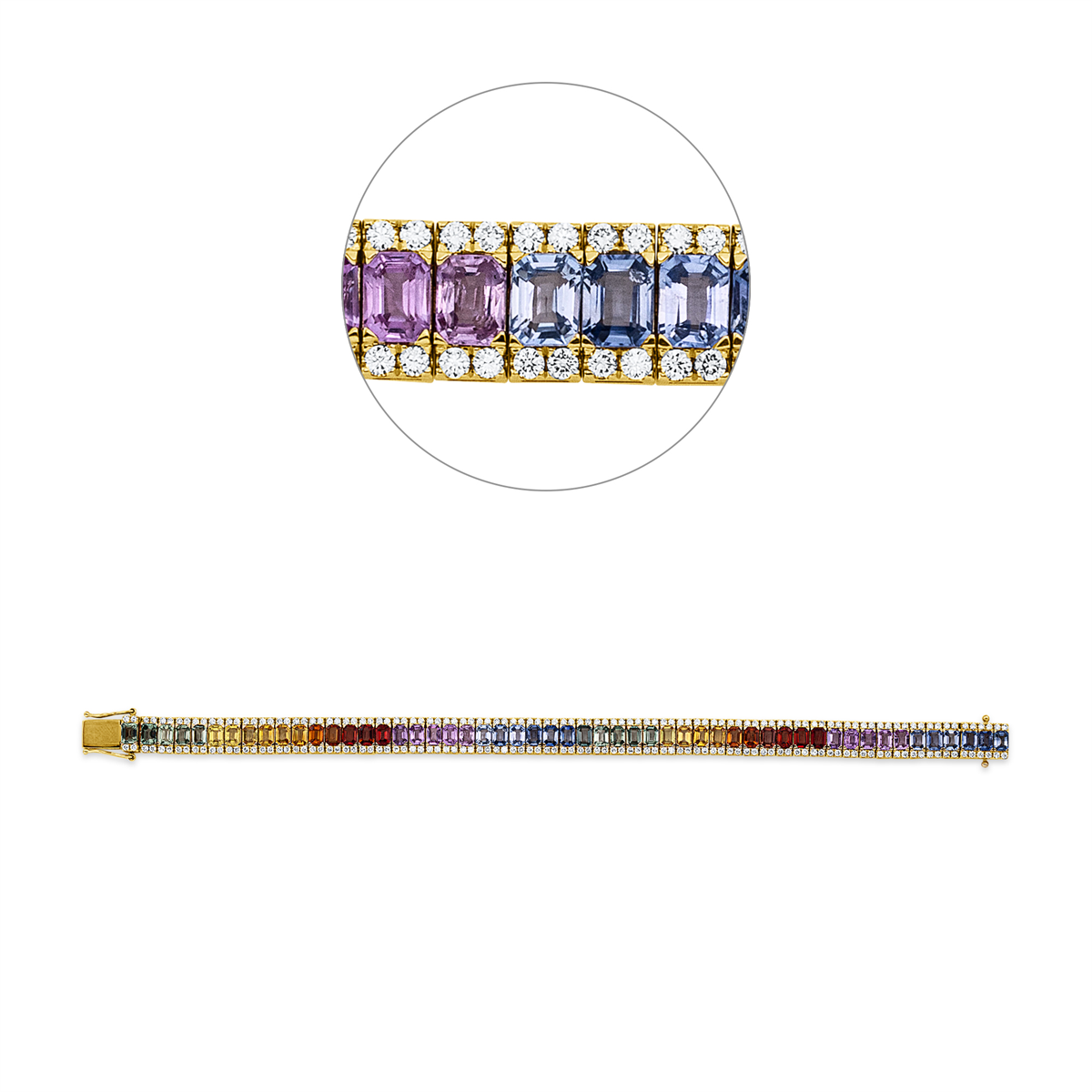 diamond full cut sapphire rainbow & multicolor bracelet in yellow gold