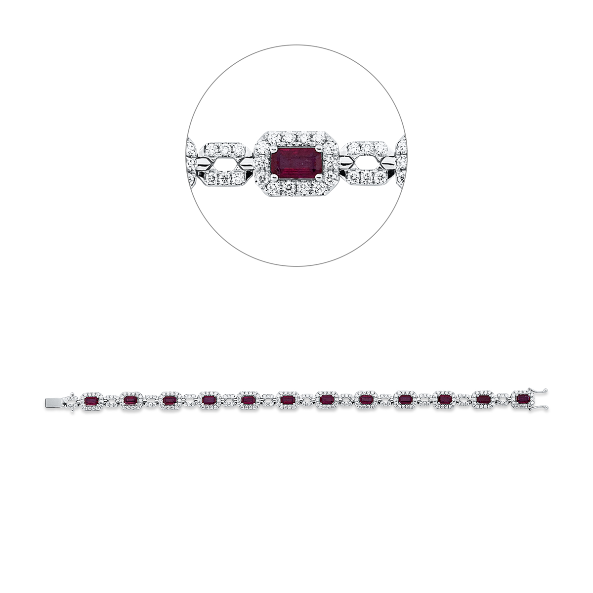 diamond full cut ruby colored stone classic bracelet in white gold