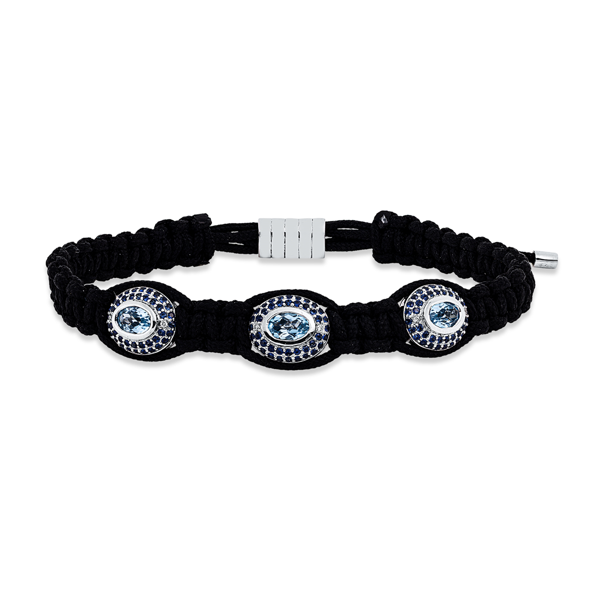diamond full cut sapphire leather & textile band bracelet in white gold